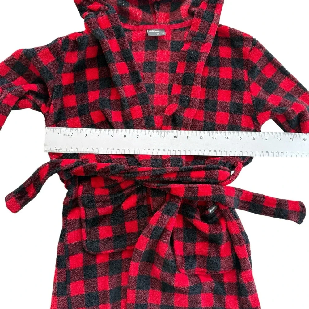 Eddie Bauer Kids Hooded Robe Fleece Red Black Buffalo Plaid Cozy Kids S 7/8‎